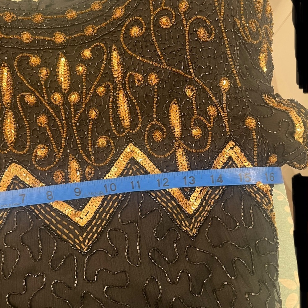 VINTAGE Size M LAWRENCE KAZAR black gold sequin cocktail dress with slit - Picture 12 of 16